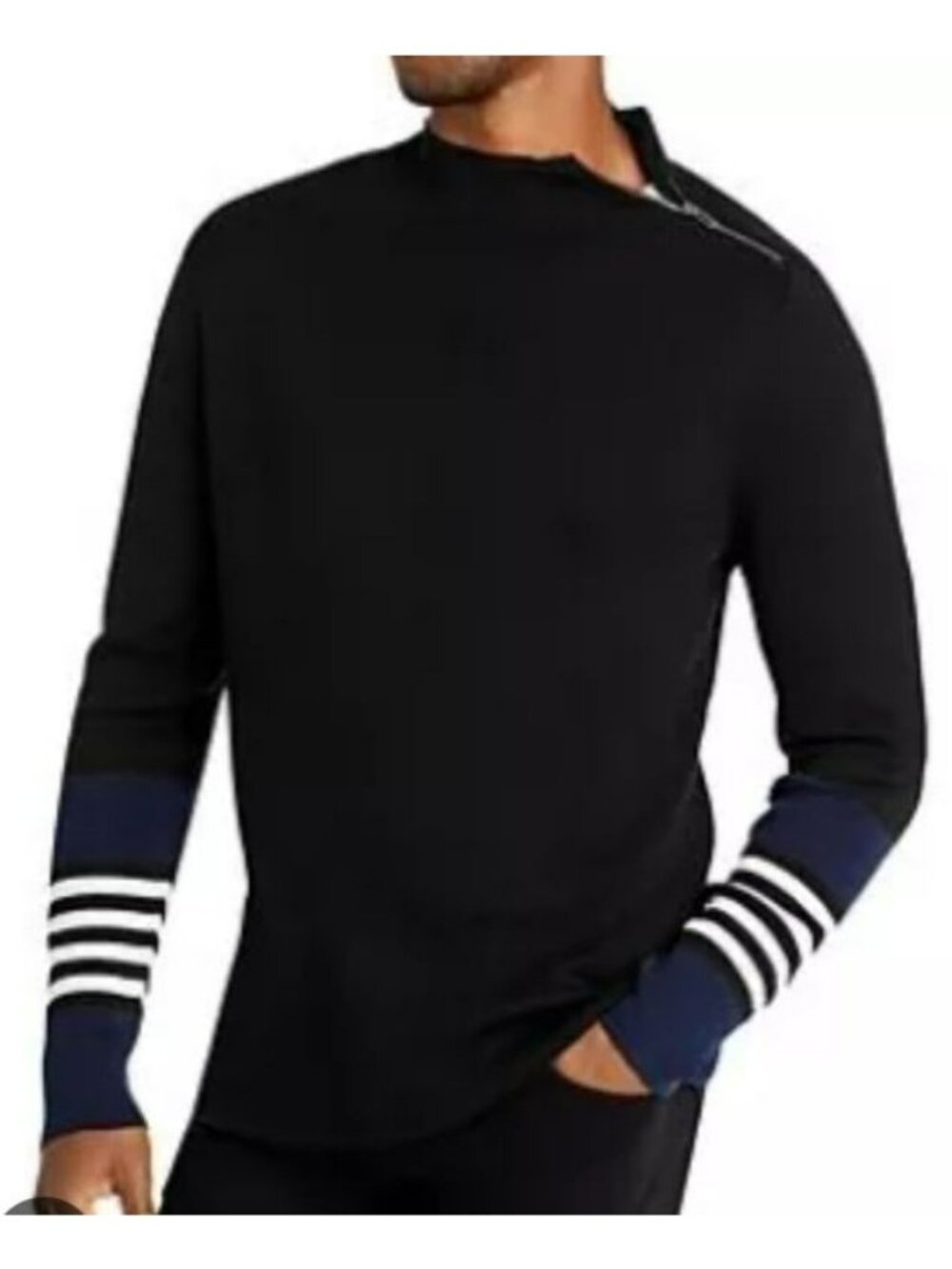 Karl Lagerfeld Black Sweater XXL Blue & White Striped Sleeves Side Zipper Detail